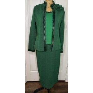 TOULA Women's Green Textured Knit 3 Piece Suit Set Jacket Tank Skirt Size 12 EUC